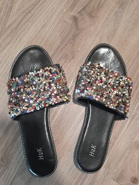 Black Slide Sandals with Multicolor Gem Band